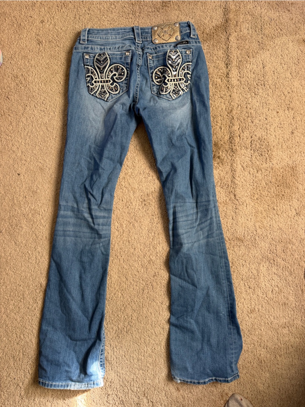 Miss Me Blue Bootcut Jeans with Embroidered Fleur-de-Lis Pockets